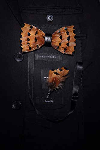 RBOCOTT Handmade Feather Pre-tied Bow tie and Brooch Sets for Men - color: Orange