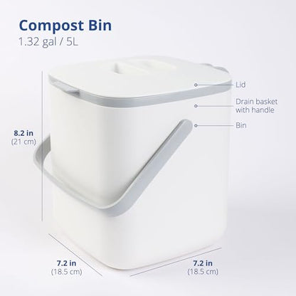 Blue Ginkgo Kitchen Compost Bin, 5L Countertop Compost Bin, White - color: White, size: 1.32 gal / 5 L