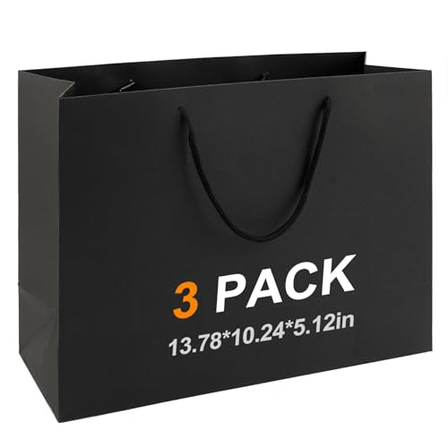 MUIIGOOD Gift Bags With Handles Paper Gags Medium Bulk For Party Shopping Birthday Wedding (3Pcs Black-35 * 26 * 13cm)
