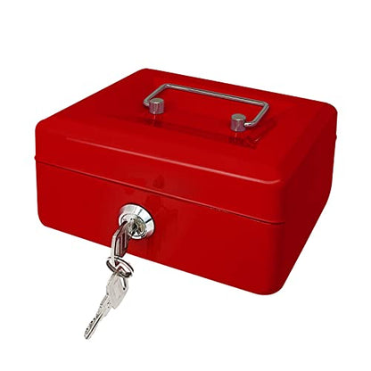 Steel Cash Box with Key Lock, Metal Small Money Organizer with Money Tray,Cash Storage Box with Lockable Cover (Red - 6 inch) - color: Red - 5.9" x 3.1" x 4.7"
