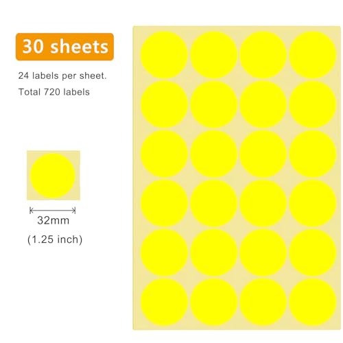 720 PCS Yellow Dot Stickers 1-1/4 Inch Round Color Coding Labels 1.25" Circle Sticky Dots 32 mm Blank Circular Price Label Sticker Sheets for Spice Seal Inventory Office Classroom Must Haves - color: Yellow