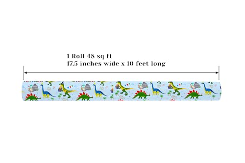 ZINTBIAL Dinosaur Reversible Wrapping Paper Roll - Boys & Girls Birthday Gift Wrapping Paper - 17 Inch x 33 Feet - Great for Baby Shower, Kids Party - Blue Dinosaur Design with White Polka Dots Back - color: Dinosaur -Blue
