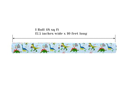 ZINTBIAL Dinosaur Reversible Wrapping Paper Roll - Boys & Girls Birthday Gift Wrapping Paper - 17 Inch x 33 Feet - Great for Baby Shower, Kids Party - Blue Dinosaur Design with White Polka Dots Back - color: Dinosaur -Blue