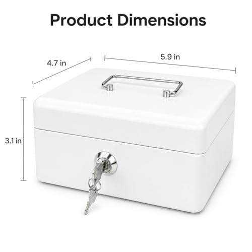 Steel Cash Box with Key Lock, Metal Small Money Organizer with Money Tray,Cash Storage Box with Lockable Cover (White - 5.9" x 3.1" x 4.7") - color: White - 5.9" x 3.1" x 4.7"