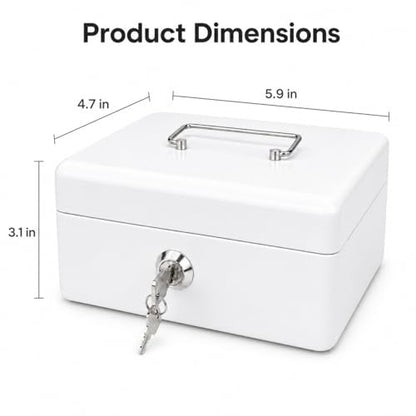 Steel Cash Box with Key Lock, Metal Small Money Organizer with Money Tray,Cash Storage Box with Lockable Cover (White - 5.9" x 3.1" x 4.7") - color: White - 5.9" x 3.1" x 4.7"