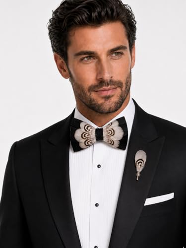 RBOCOTT Handmade Feather Pre-tied Bow tie and Brooch Sets for Men - color: White/Black1