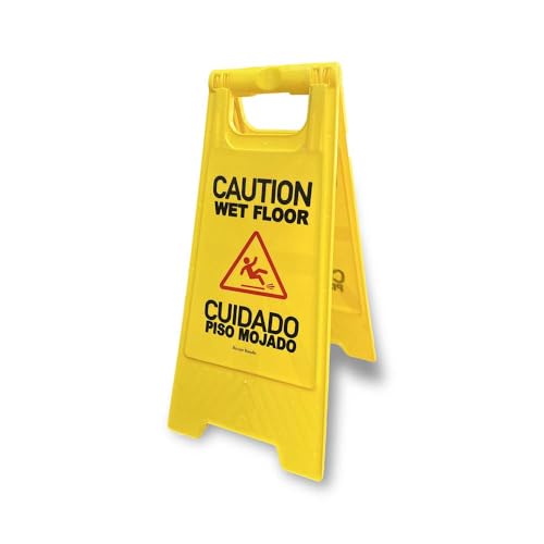 24' Warning sign "CAUTION WET FLOOR" sign double sided fold-out bilingual for public safety indoors and outdoors with two language English/Spanish