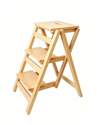 3-Step Wooden Folding Step Stool – Solid Pine Frame, Non-Slip Steps, Anti-Scratch Base, 337lb Capacity – No Assembly Required, Space-Saving for Kitchen & Home – Walnut (Natural Wood) - color: Natural Wood