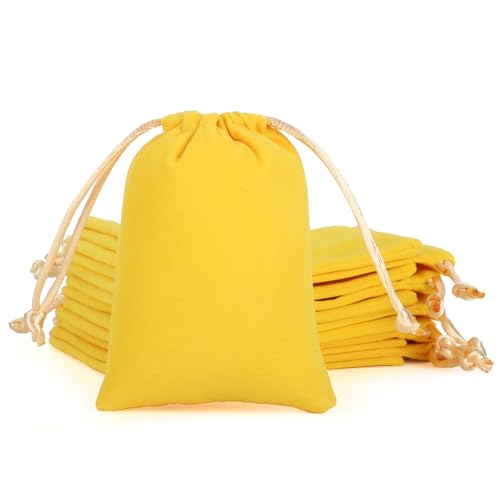 Tapleap 12Pcs Small Dice Bags, 3x4” Yellow Velvet Drawstring Jewelry Pouch - color: Yellow, size: 3x4in