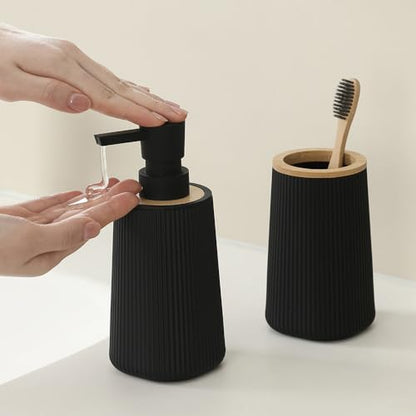 YAUKPH Bathroom Soap Dispenser and Toothbrush Holder Striped Black Bamboo - color: Striped Black and Bamboo