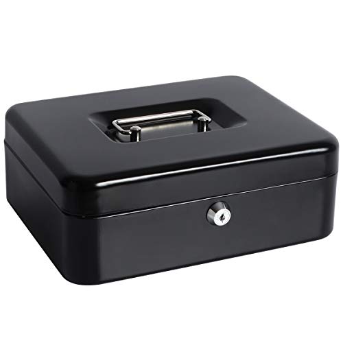 Cash Box with Money Tray, Parrency Large Money Box with Key Lock, 9.8 x 7.9 x 3.5 inches, Black - color: Black, size: Large（9.84")