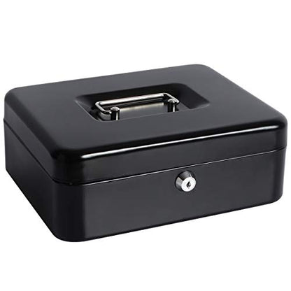 Cash Box with Money Tray, Parrency Large Money Box with Key Lock, 9.8 x 7.9 x 3.5 inches, Black - color: Black, size: Large（9.84")