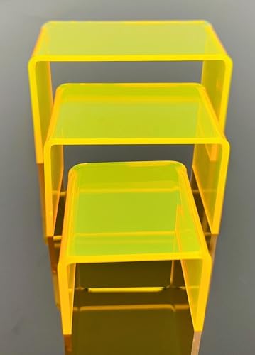 Acrylic Display Risers – 3‑Piece Small Riser Set (5×2×3, 6×2×3.5, 7×2×4) – Clear 1/8" Acrylic Stands for Jewelry, Mini Collectibles, Retail Displays, Craft Shows (Neon Yellow) - color: Neon Yellow