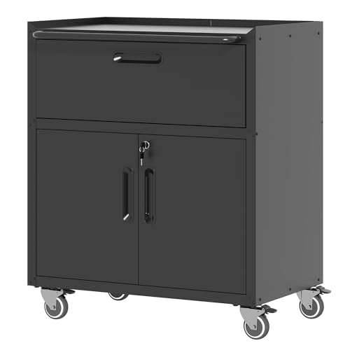 Metal Storage Cabinet for Garage, Tool Cabinet, Utility Cabinet - color: Black, size: M - 1 Drawer & 2 Doors (Wheeled)