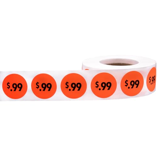Fluorescent Red .99 Stickers – 3/4 Inch Round Circle Labels, 500 Total Adhesive Stickers Per Roll for Retail Pricing, Product Marking, and Inventory – Made in the USA - color: $0.99