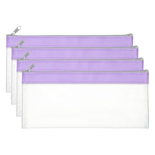 PATIKIL 8.7x3.9 Inch Money Bags with Zipper, 4 Pcs Clear PVC Cash Deposit Bank Pouch Envelopes Makeup Bag Check Wallet for Coin Cosmetics Bill, Purple - color: Purple