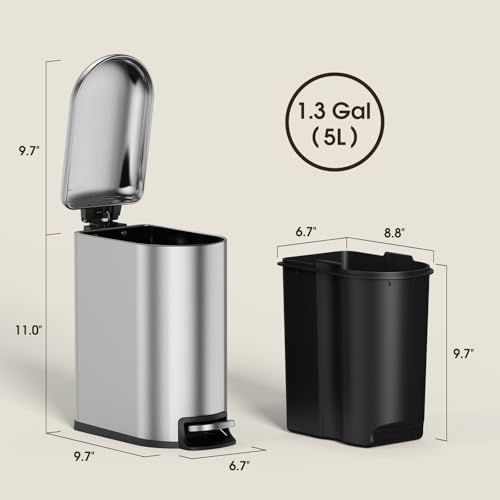 CEROELDA Small Bathroom Trash Can with Lid Soft Close, 5L/1.3 Gallon Stainless Steel Slim Garbage Can, Metal Waste Basket with Step Pedal, for Office, Bedroom, Toilet, Dorm Room (Silver, 1.3 Gallon) - color: Silver