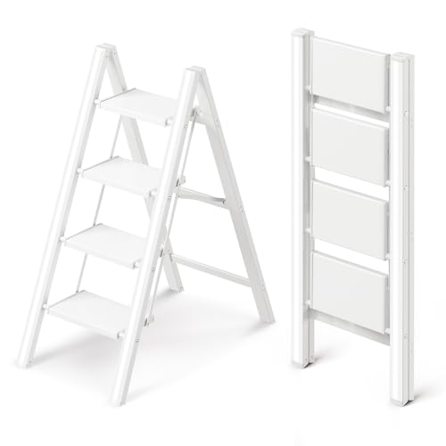 4 Step Ladder, Foldable Aluminum Step Stool with Anti-Slip Pedal - color: White, size: 4 Step
