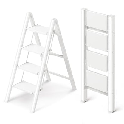 4 Step Ladder, Foldable Aluminum Step Stool with Anti-Slip Pedal - color: White, size: 4 Step