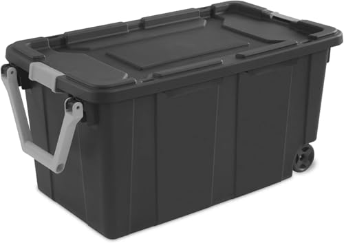 Sufeasdf Wheeled Industrial Tote 40 Gallon/151 Liter Black Lid & Base w/Racer Red Handle & Latches