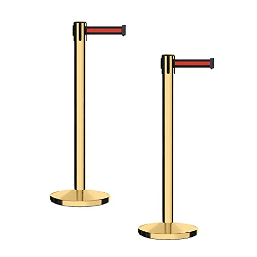 CCW Retractable Belt Barrier Stanchions, Pair, Polished Brass Posts, 7.5 Ft - color: Black and Red Horizontal Stripe, size: 7.5 Foot