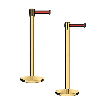 CCW Retractable Belt Barrier Stanchions, Pair, Polished Brass Posts, 7.5 Ft - color: Black and Red Horizontal Stripe, size: 7.5 Foot