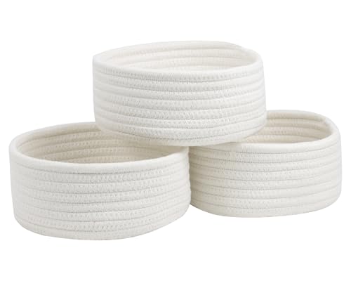 3 Pack Small Woven Cotton Rope Baskets for Organizing, White - color: White