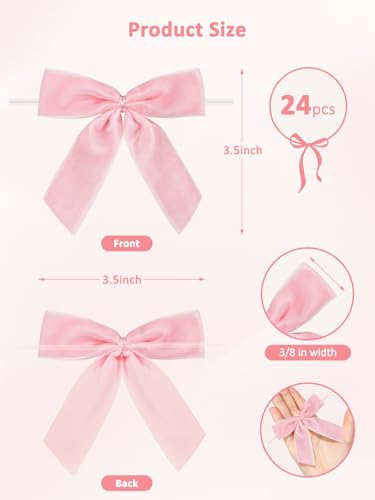 24 Pcs Pink Small Velvet Twist Tie Bows, Velvet Ribbon Bows with Clip for Gifts Bag, Gift Wrapping, Crafts, DIY Treat Bags, Home Decor 1" W,3.5 x 3.5 inch
