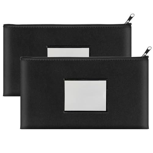 2 Pack PU Leather Bank Money Bags with Zipper & Label, Navy Blue, Black - color: Black