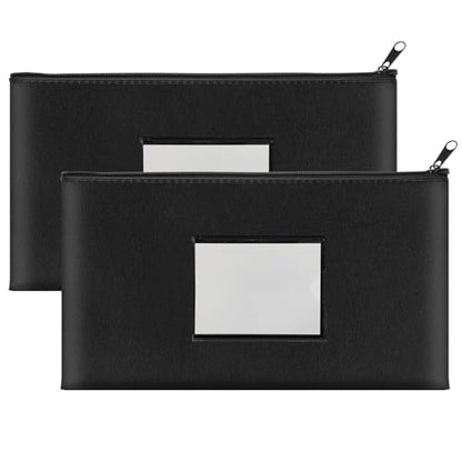 2 Pack PU Leather Bank Money Bags with Zipper & Label, Navy Blue, Black - color: Black