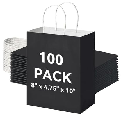 Brothersbox 100 Pack Paper Gift Bags with Handles, 8x4.75x10 Inch, Black - color: Black