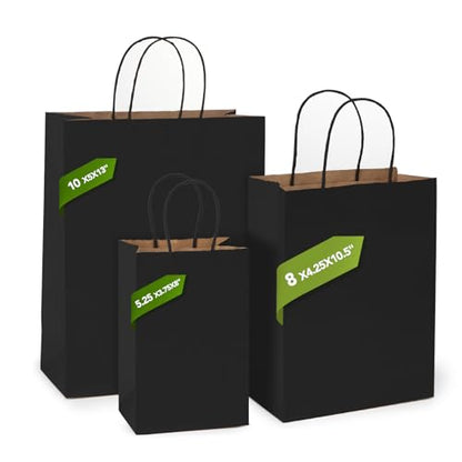 MESHA Black Paper Kraft Gift Bags with Handles 8x4.25x10.5 Inch 100 Pack - color: Black, size: 8x4.25x10.5 Inch (Pack of 100)