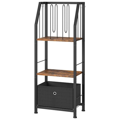 CHOEZON 3-Tier Towel Rack Freestanding, Towel Rack with a Fabric Drawer, 2 M-Shaped Metal Dividers and 4 Hooks, Bathroom Towel Storage Shelf, Towel Storage for Bathroom, Rustic Brown and Black TCJ29BF