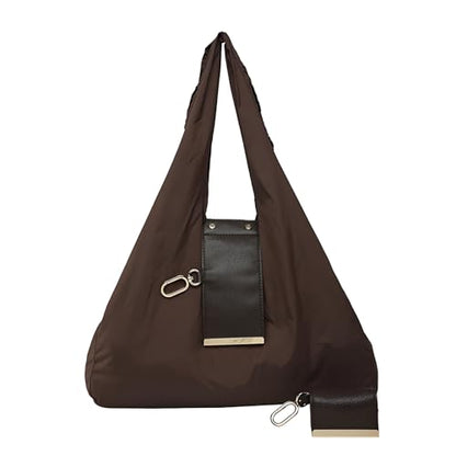 Foldable Nylon Tote Bag w/Keychain Lightweight Reusable Shopping Bag - color: Brown