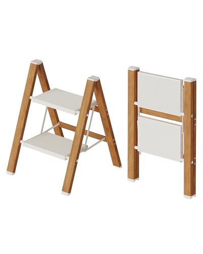 Mayi Plus 2 Step Stool Foldable, Aluminum, Lightweight Step Ladder - color: White&woodgrain, size: 2 Step