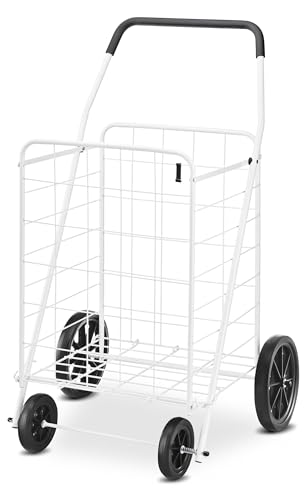 Whitmor Deluxe Utility Foldable Shopping Cart with Wheels, 100 Lb Capacity, Heavy Duty Grocery Cart with Steel Frame, Foam Handle, Rolling Folding Utility Trolley for Grocery, Laundry, Travel, White - size: 15.75"L x 17.75"W x 40.5"H, White