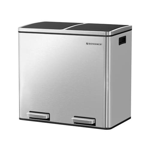 SONGMICS Trash Can, 2 x 6.3-Gallon Stainless Steel Step Bin, Soft Closure - color: Silver, size: 2 x 6.3 Gal.