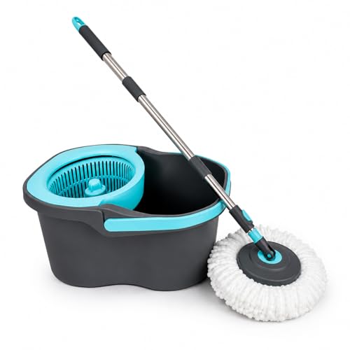 Lambert Home Spin Mop and Bucket Set with Wringer, Hands-Free Self-Wringing Floor Mop, 2 Washable Microfiber Mop Heads, 42.1-50 in Adjustable Stainless Steel Handle, Gray Blue