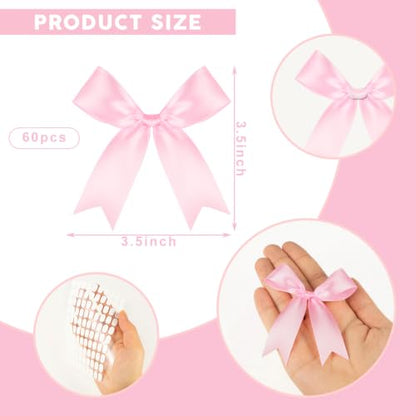 Pink Bows 60 Pcs 3.5 Inch Pre-Tied Satin Ribbon Bows with Adhesive Dots - color: Pink, size: 60 PCS