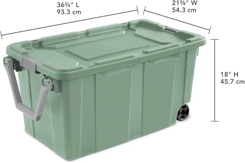 Storage Bin 40 Gallon 160 Qt Wheeled Industrial Tote Plastic Rolling Stacker Storage Box, Tough Lidded Stackable Storage Container for Home, Garage, and Camping Green Sage Base and Lid 2 PACK