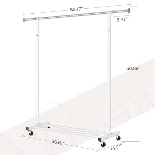 VICERII Clothes Rack, 130LB Capacity Heavy Duty Clothing Rack with Wheels and Bottom Shelf, 52.17 Inch Rolling Racks for Hanging Clothes, Coats, Shirts, Sweaters, Skirts, Dress, White - color: Matte White, size: Single