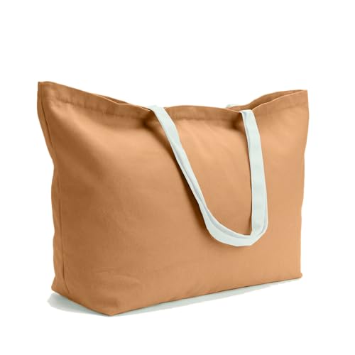 Large Canvas Tote Bag Reusable Extra Big Grocery Bags - color: Brown With Zipper