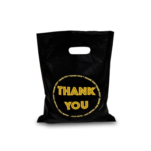 Thank You Plastic Merchandise Bags, 100 Pack, 12 x 15 Inches, 2 Mil Black Glossy Shopping Bags for Small Business, Gift, Clothing, Accessories (100 Pack, 12" x 15")