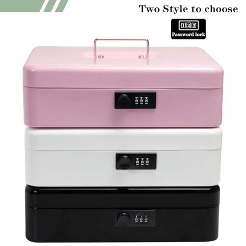 Cash Box with Combination Lock, Metal Money Box with Money Tray, Petty Cash Lock Box for Garage Sale, Yard Sale, Small Business, 11.8" x 9.4" x 3.5" (White Combination)