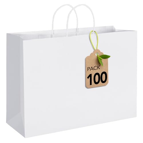 MESHA Gift Paper Bags White Large 16x6x12 100 Pack,Kraft Bags with Handles - color: White