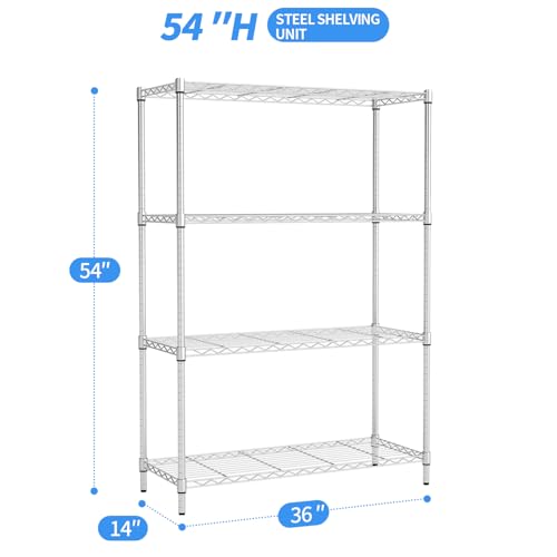 BestOffice | 4-Tier Wire Shelf | 36" x 14" x 54" | Chrome - color: Chrome, size: 36"D x 14"W x 54"H
