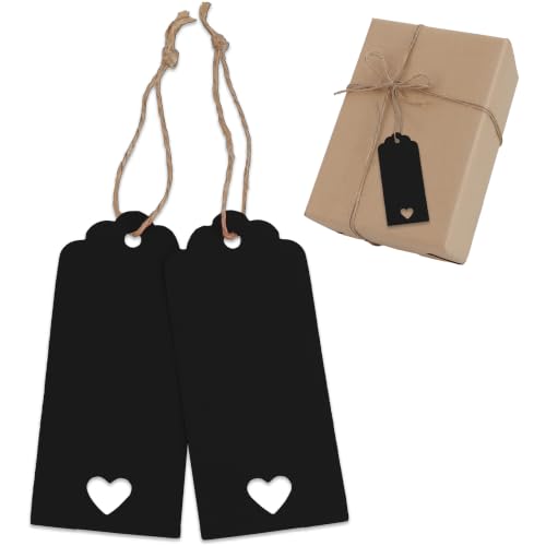 BEISHIDA 100pcs Blank Gift Tags, Hollow Heart Black Kraft Paper Tags with String for Halloween Gothic Party Birthday DIY Craft Gift Packing Business-1.6 X 3.6in - color: Black