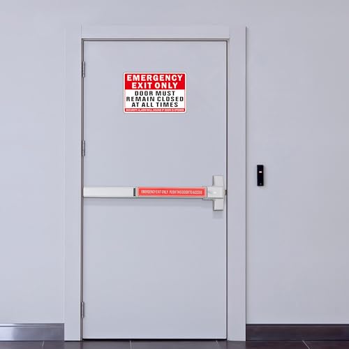 Emergency Exit Only Sign, (2 Pack) Self Adhesive Emergency Exit Sign Sticker for Door, Rust Free and Reflective Aluminum Metal Signs for Wall (9 x 6 inches, Red/White) - color: Red /White
