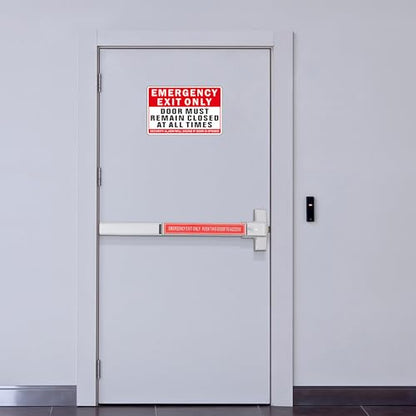 Emergency Exit Only Sign, (2 Pack) Self Adhesive Emergency Exit Sign Sticker for Door, Rust Free and Reflective Aluminum Metal Signs for Wall (9 x 6 inches, Red/White) - color: Red /White
