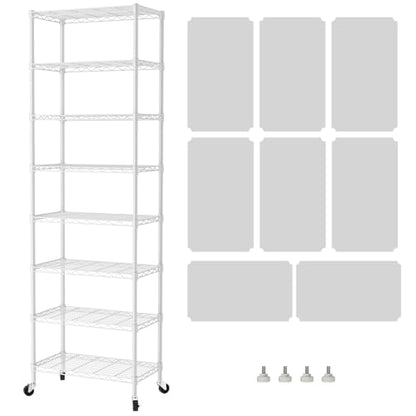 SINGAYE 8 Shelves Storage Wire Shelf Closet Metal Shelving Pantry Wheels - color: White, size: 8Tier/12"D X 22"W X 74"H